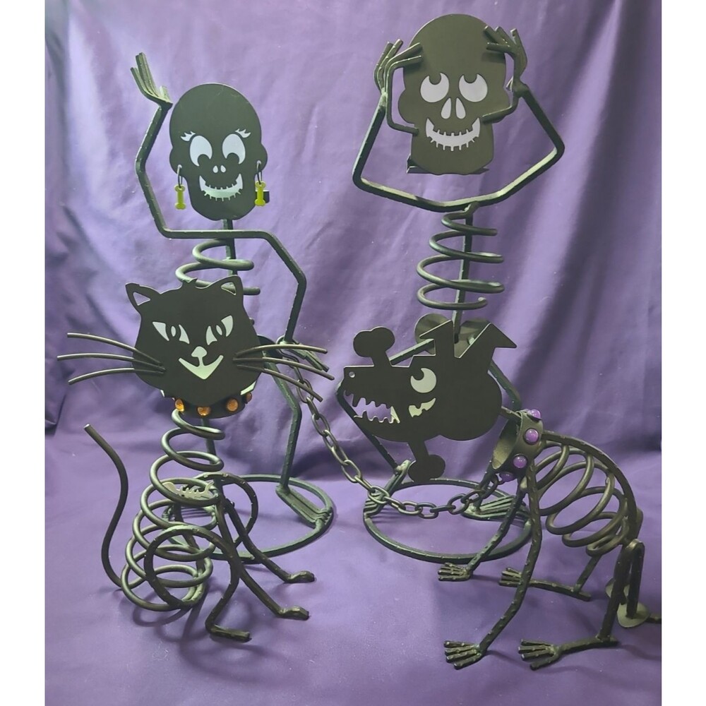 VTG Partylite Black Wrought Iron Skelton Set Mr & Mrs. Bones, Sticks & Felix